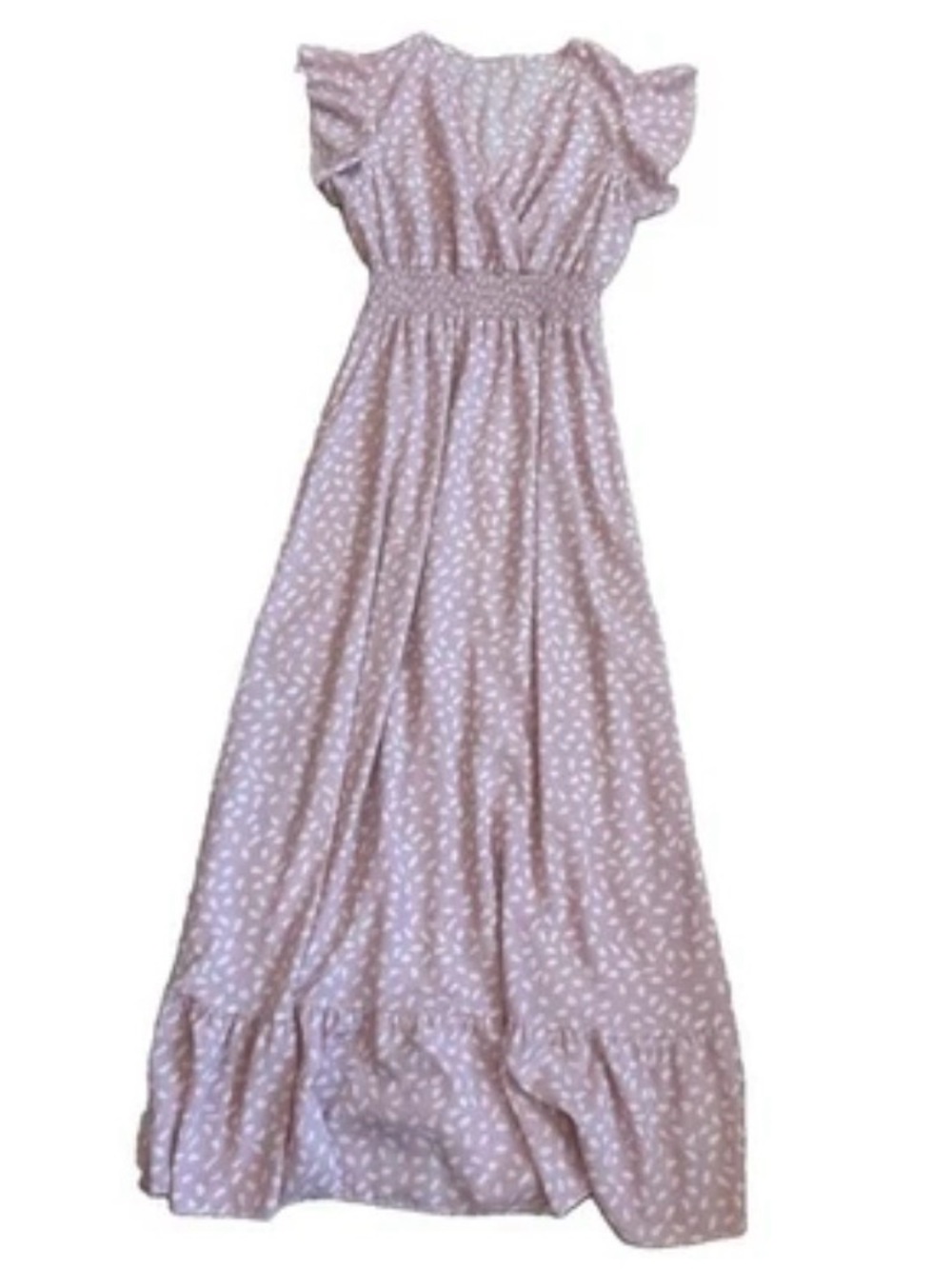 Ladies Pink & White Maxi Dress with Smocked Waist V-Neck Small